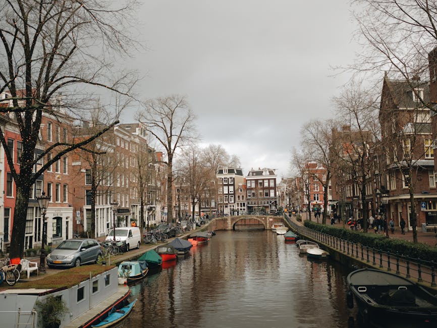 Scenic view of Amsterdam canal with boat