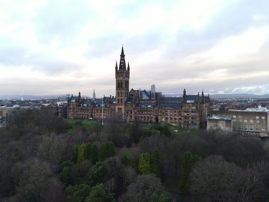 Drone shot of University of Glasgow with