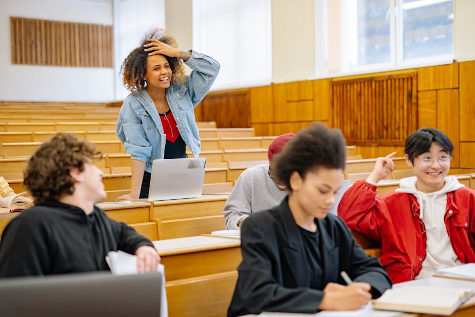 Students in a university lecture hall in