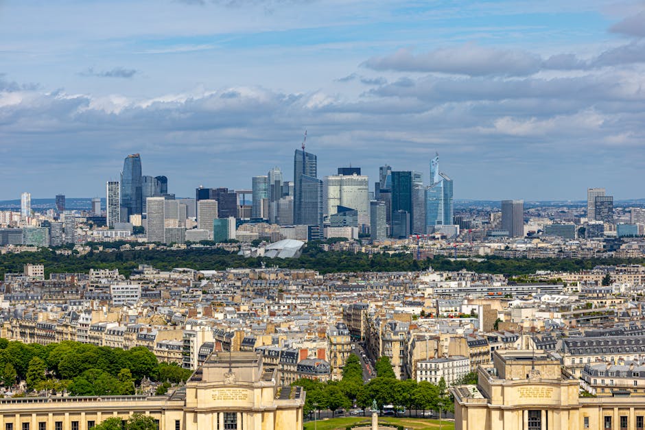 Aerial view of La Défense skyline in Par