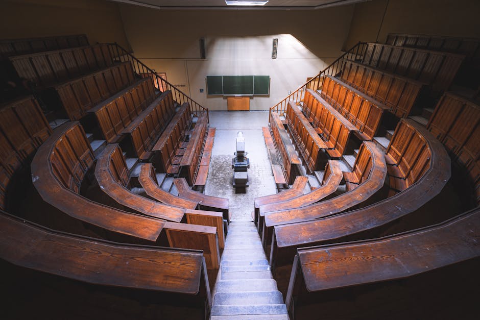 Empty vintage lecture hall with wooden b