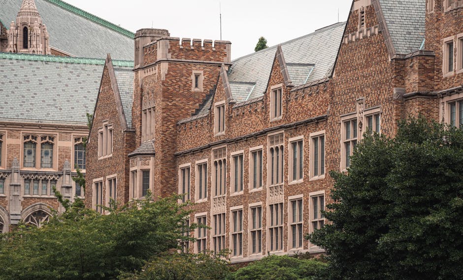 View of historic brick building with sla