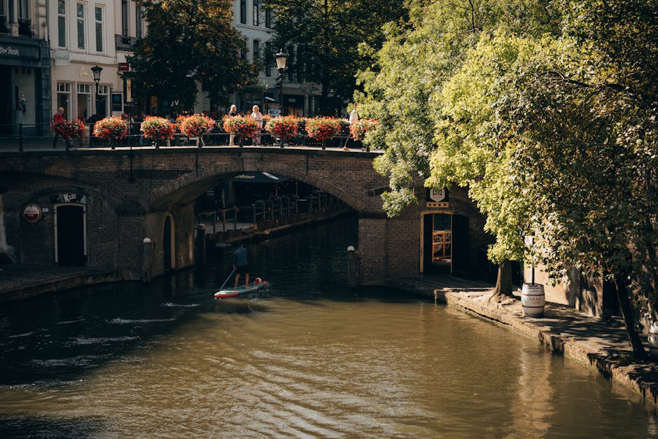 Scenic view of a brick bridge over a can