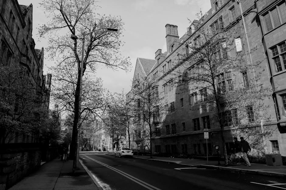 Black and white photo of a historic stre